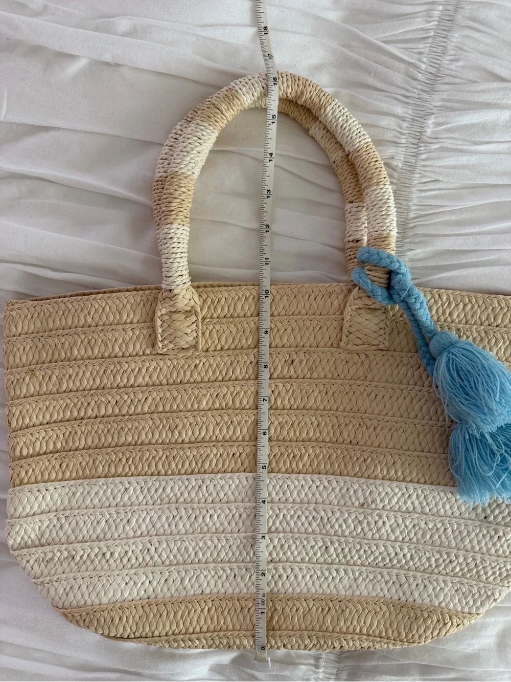 ALTRU Woven Straw Beach Tote Bag Tassel Shoulder Bag Natural Blue